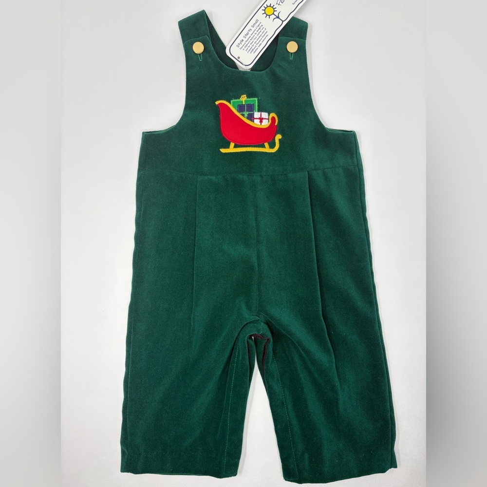 FLORENCE EISEMAN: Green Velvet Sleigh Longalls, Overalls. Romper. 12M. NEW